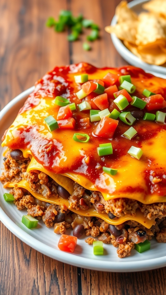 A 7-layer Mexican casserole with beans, meat, salsa, cheese, garnished with green onions and cilantro, served with tortilla chips.